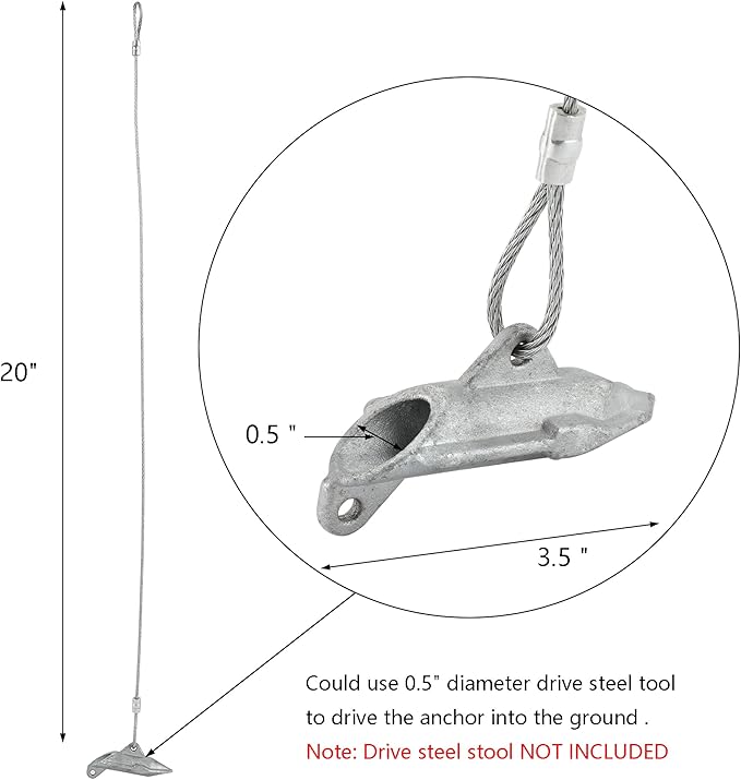 6 Pack Ground Earth Anchors - Easy Hook Anchor with 20 inch Long x 1/8" Cable, Ideal for Securing Shed, Fence, Green House, Swing Set and More.