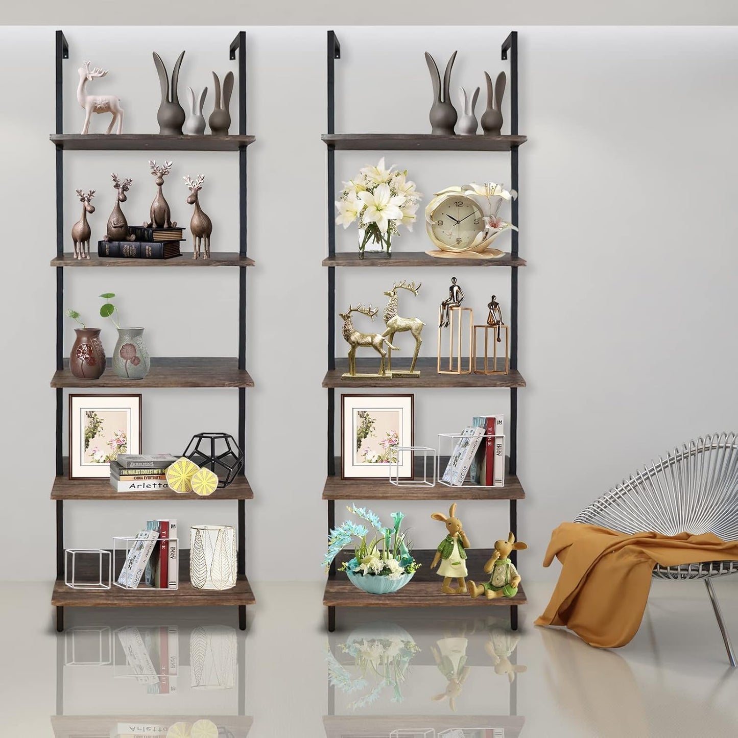 Wolawu 5 Tiers Ladder Shelf 2-Piece Black Modern Tall Bookshelf Open Large Tall Wall Mount Storage Bookcase Standing Leaning Wall Shelves Industrial Decorative (Brown)