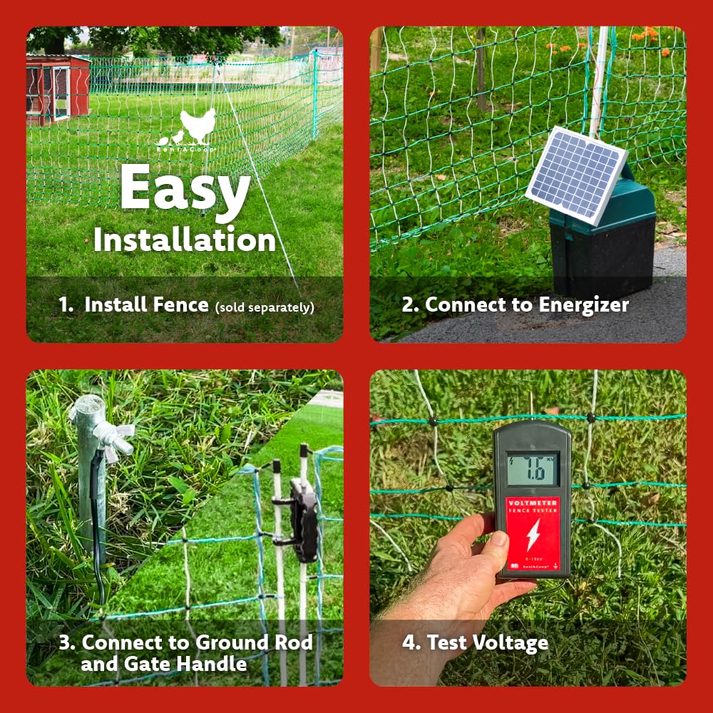 RentACoop Electric Poultry Netting Accessory Set - Includes - 0.38J Solar Fence Charger, 3' Grounding Rod, Gate Handle Kit, and Voltmeter Fence Tester
