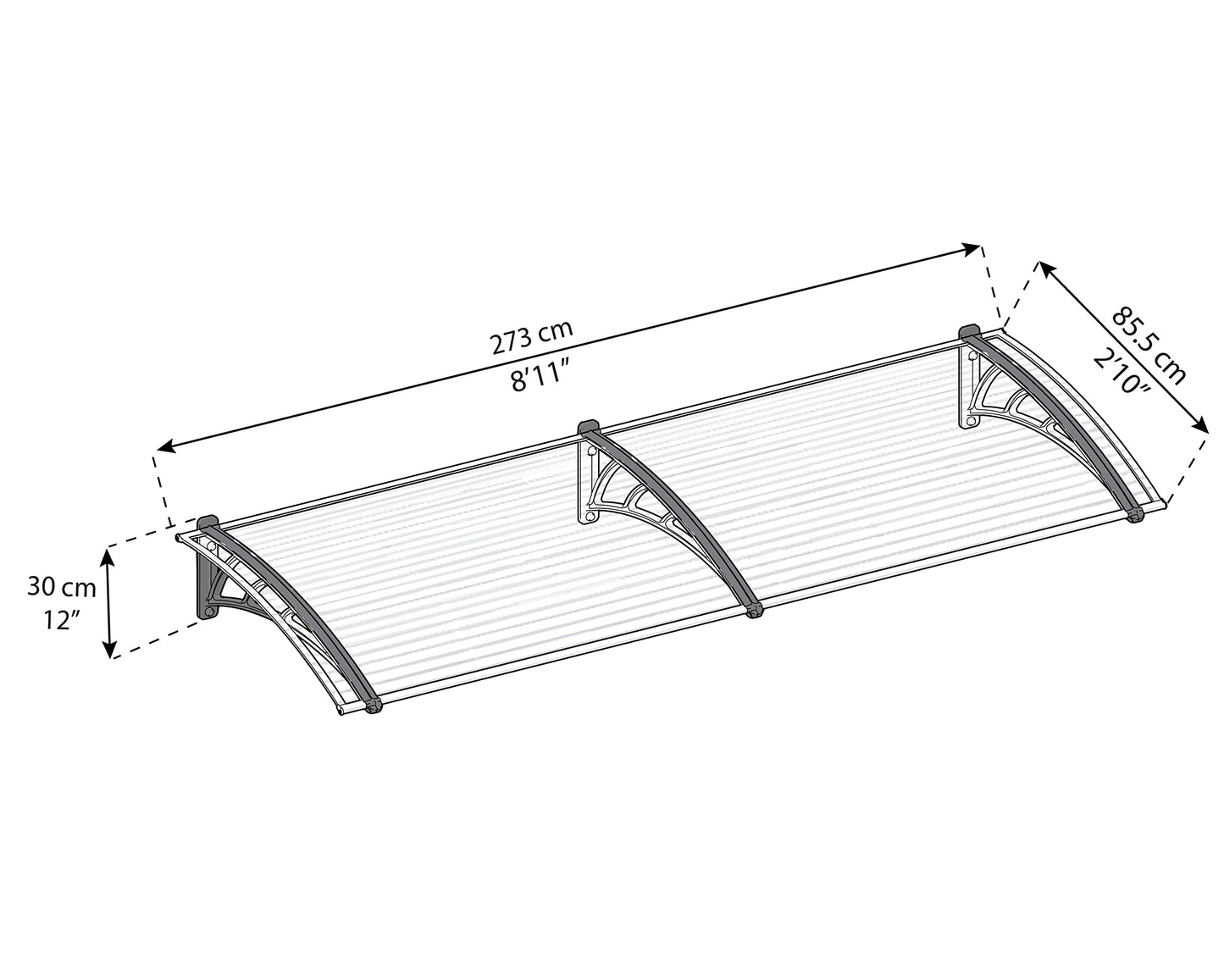 Palram - Canopia Neo 2700-9' x 3' Window & Door Awning for Door Entrance, High-End Polycarbonate Patio Canopy with Clear Panels, UV Protection, Modern Gray Metal Frame, Weather Resistant Overhang