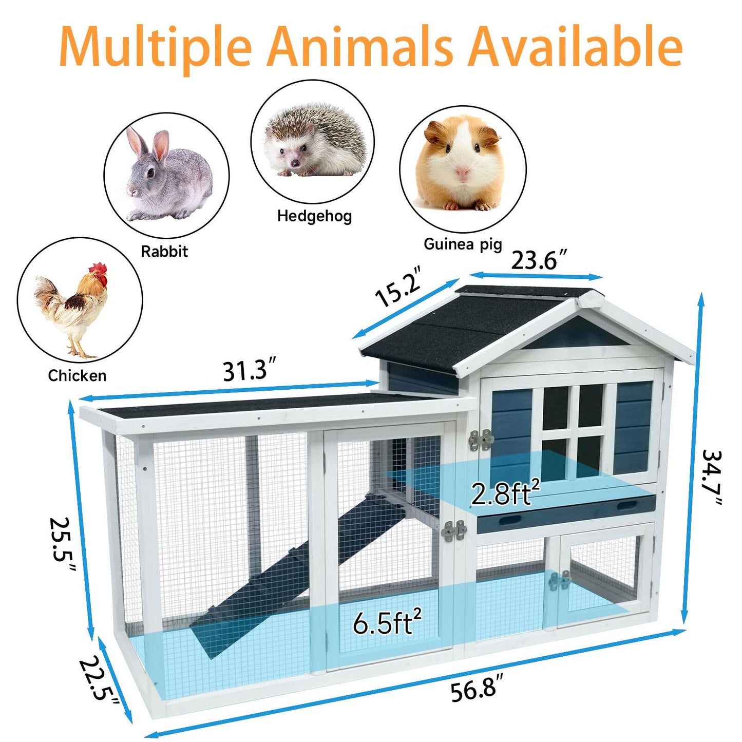 Large Outdoor Rabbit Hutch Weatherproof 2-Story Chicken Coop & Bunny Cage, Wooden Indoor/Outdoor Pet House with No-Leak Tray, Waterproof Roof & Pull-Out Tray (56.8" L x 34.7" H, Grey Blue&White)