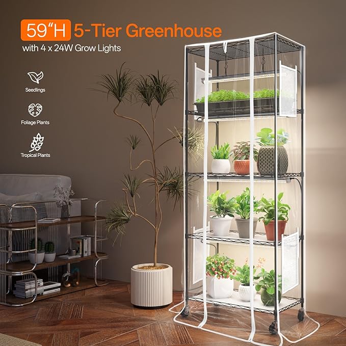 Bstrip Indoor Greenhouse with Grow Light, Mini Green house with 4 Pack 24W Full Spectrum Plant Lights with Timer, Plant Shelf with Tent for Indoor Plant, Seed Starting, Seed Tray, 23.5"x13.8"x59"