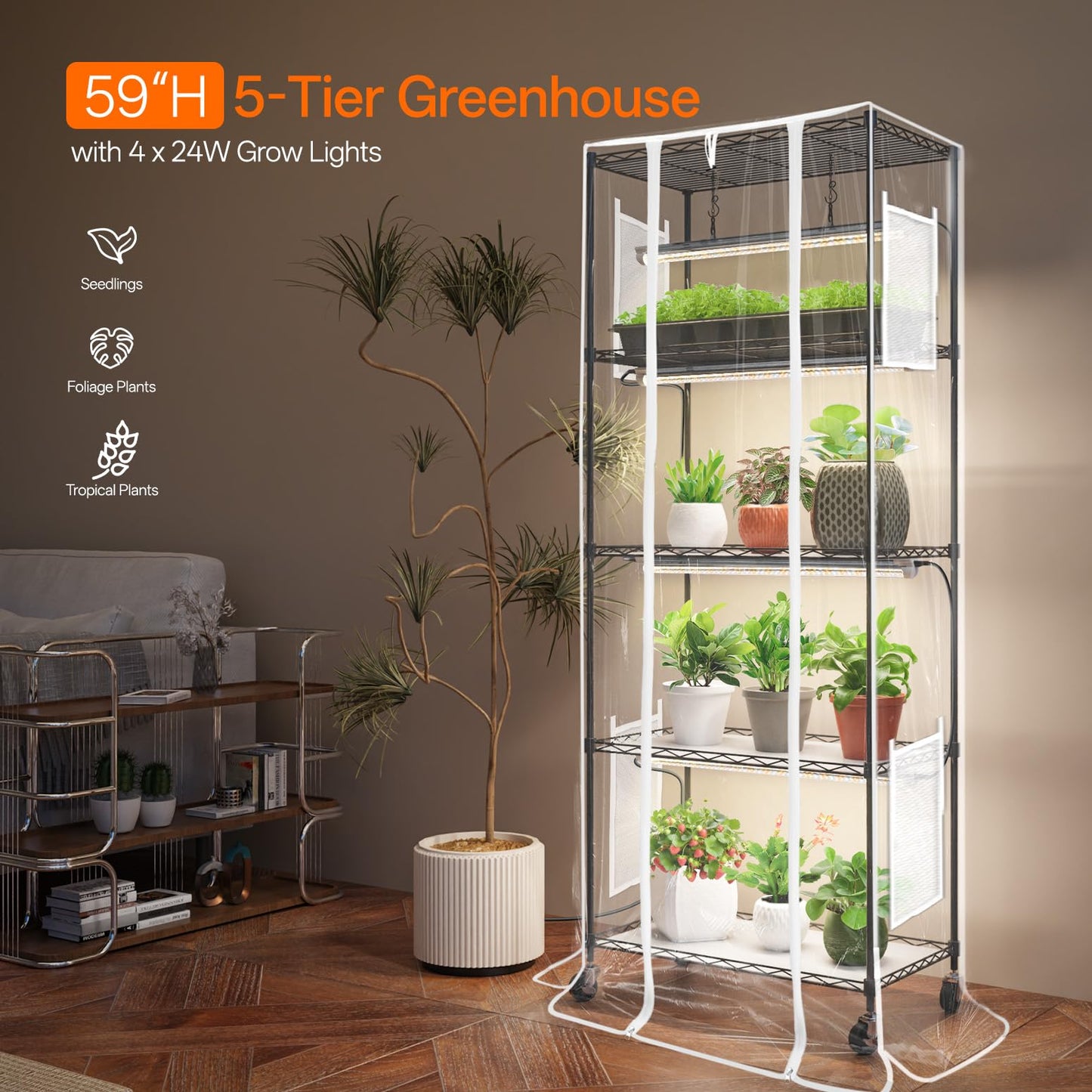Bstrip Indoor Greenhouse with Grow Light, Mini Green house with 4 Pack 24W Full Spectrum Plant Lights with Timer, Plant Shelf with Tent for Indoor Plant, Seed Starting, Seed Tray, 23.5"x13.8"x59"