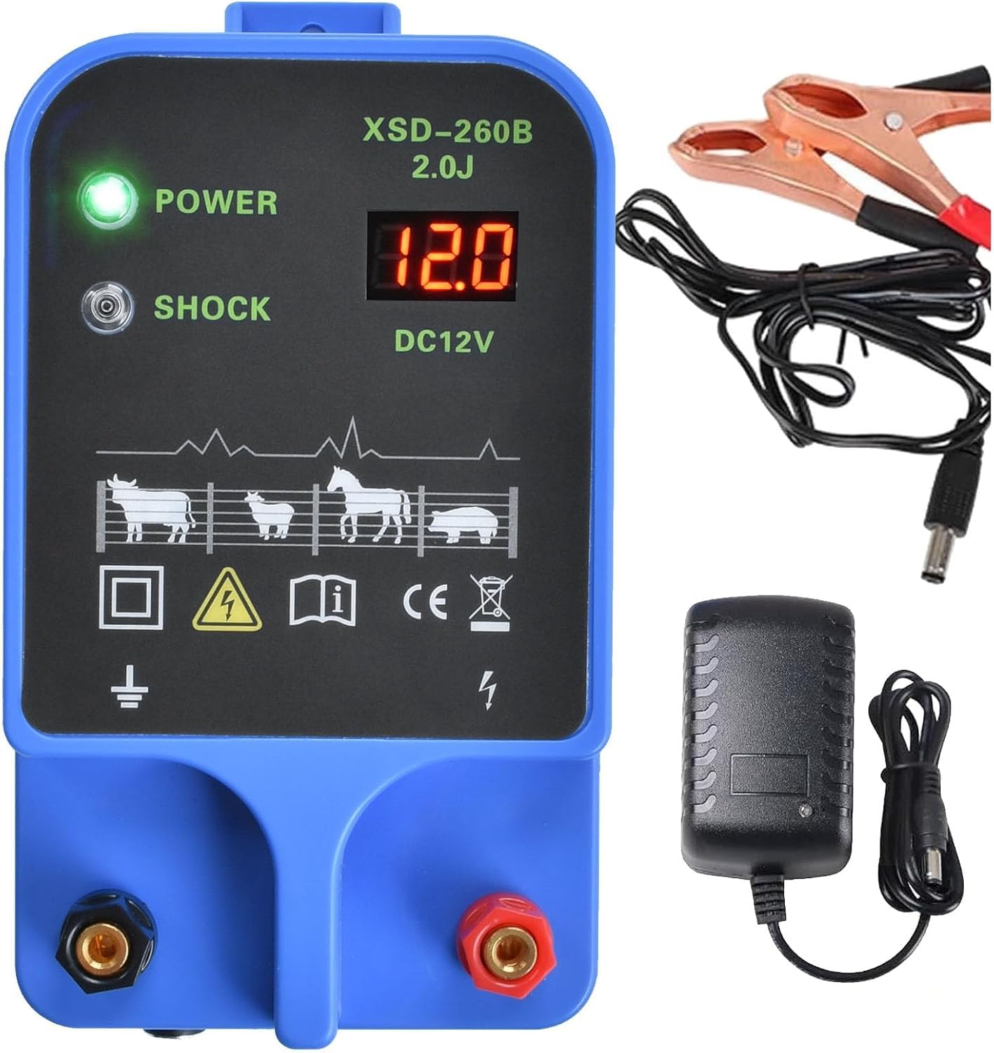 Electric Fence Charger 10km 2J High Power Pulse Electric Fencing Controller 10.5kv Portable Electric Fencer Kit For Garden Farm Poultry Livestock Goat Cattle Horse Deer Electric Netting Fencer Charger