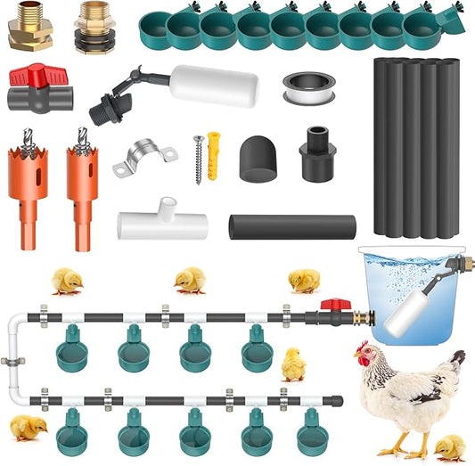 Complete Set Automatic Chicken Waterer System for Continuous Fresh Water, DIY Chicken Water Feeder with 9 Chicken Water Cups, 1/2" SCH.80 PVC Piping, Brass Pipe Fittings, Ball Valves, Poultry Waterer