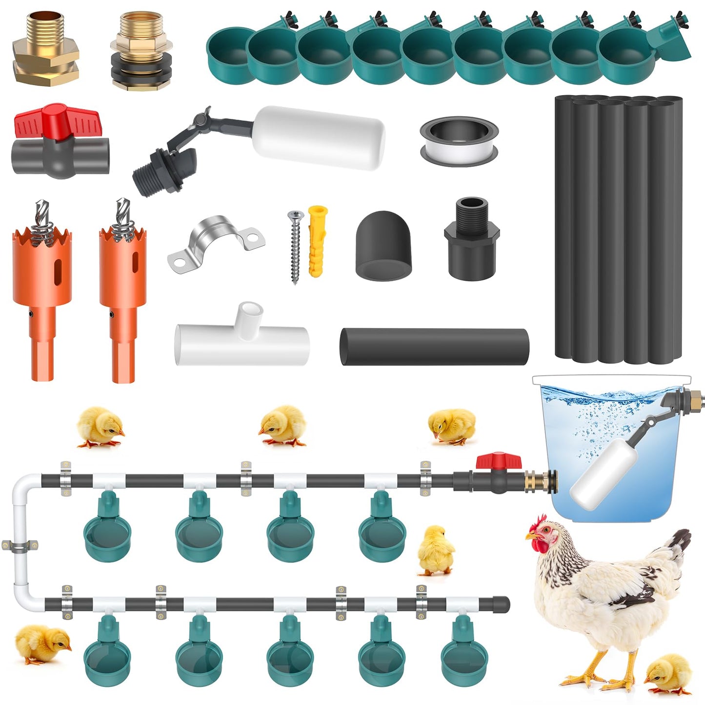 Complete Set Automatic Chicken Waterer System for Continuous Fresh Water, DIY Chicken Water Feeder with 9 Chicken Water Cups, 1/2" SCH.80 PVC Piping, Brass Pipe Fittings, Ball Valves, Poultry Waterer