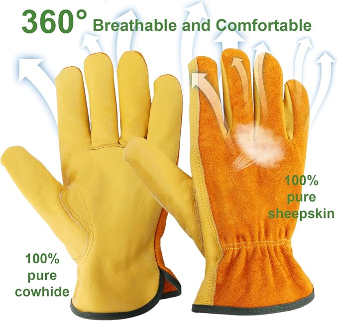 Leather Work Garden Gloves for Men & Women，Safety Work Gloves for Gardening, Welding, Construction, Farm, Ranch, etc. Thorn Proof , Planting,Heavy Duty，Roses Pruning Gardening Working Gloves, Gifts M