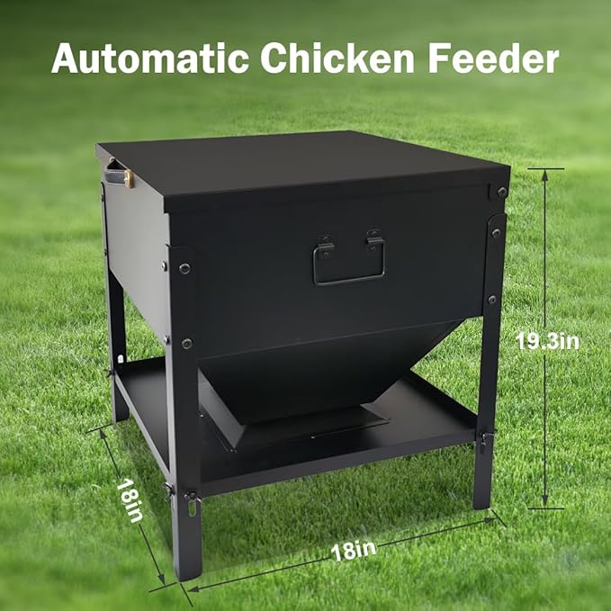 Metal Chicken Feeder No Waste, 60LBS Large Capacity Poultry Feeder, Adjustable Galvanized Steel Chicken Coop Feeder with Lid and Handle