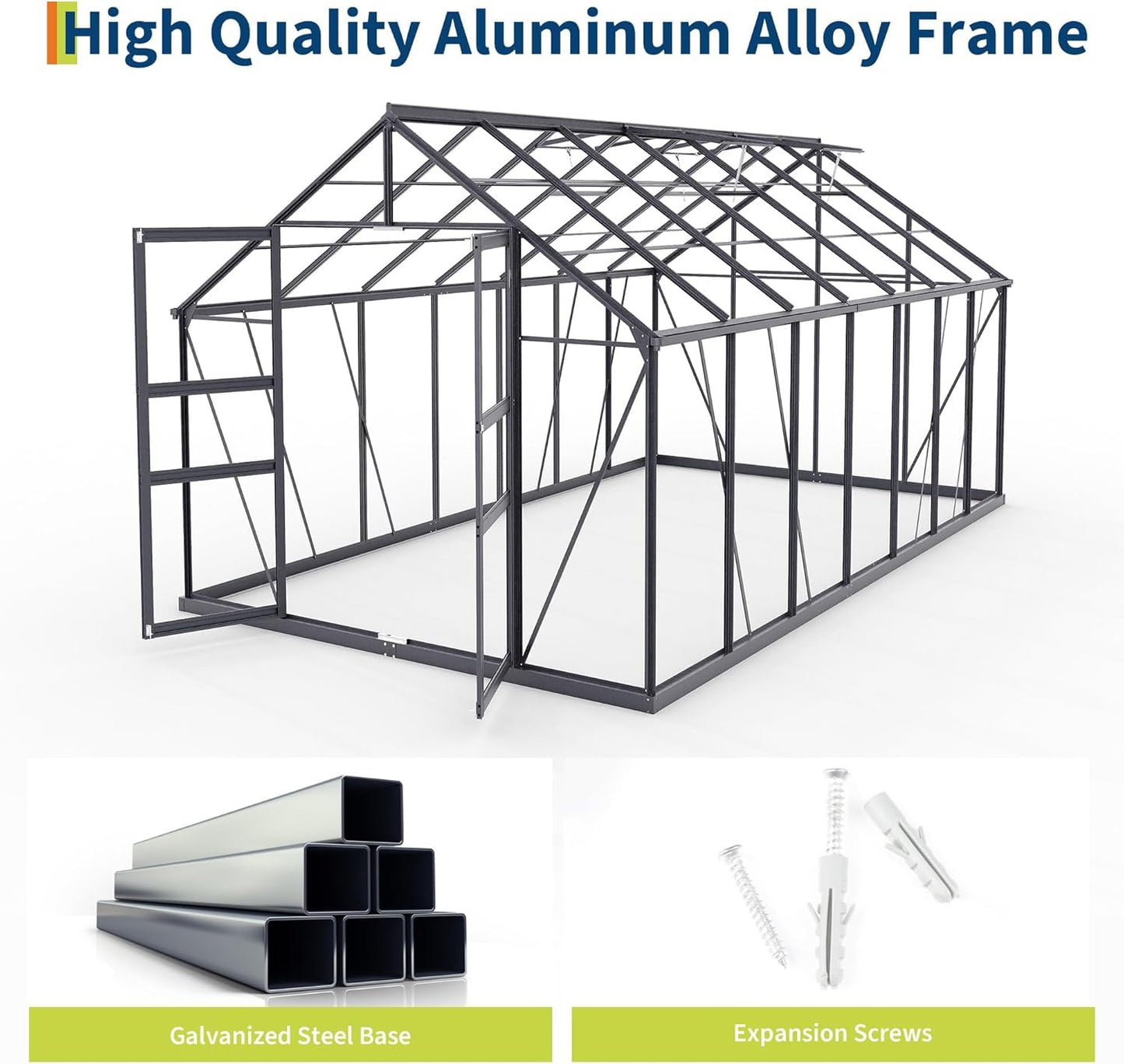 Greenhouse Large Walk-in Green House with Aluminum Frame, Polycarbonate Roof Vent & Wind Resistant, Backyard Garden Greenhouse Kit for All Weather