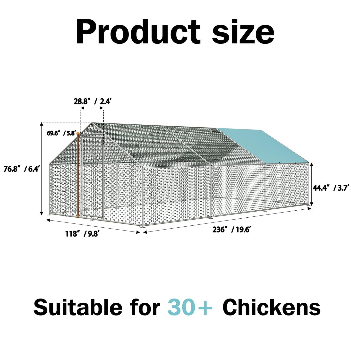Vipbear Large Metal Chicken Coop Run with Immersed Wire Mesh, Chicken Coop for 8 Chickens Heavy Duty Chicken Run in for Yard with Waterproof Cover and Secure Lock,236'' L x 118''W x 77''H