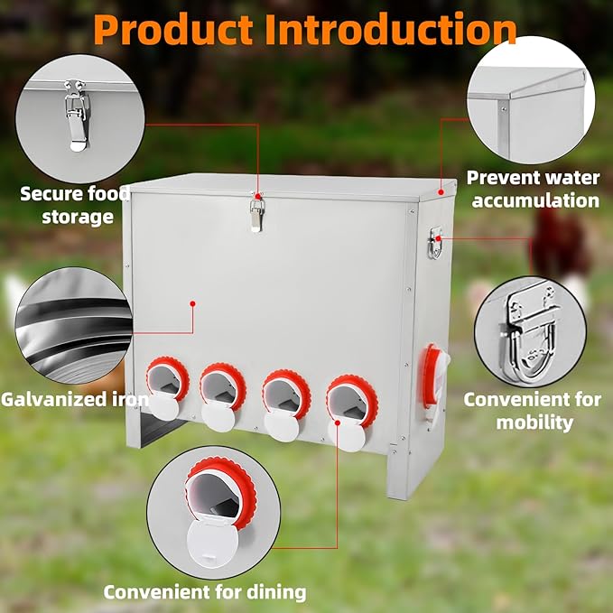 Automatic Poultry Chicken Feeder No Waste Metal Large Capacity 88 lbs Feeders for Chickens Ducks, Geese Bantams Pheasants Coop Weatherproof (10-Port)