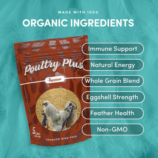 Mycelium Poultry Plus | Premium Chicken, Duck & Turkey Food with Oats, Corn, Wheat, Milo, Safflower & Peas | Supports Egg Production & Feather Health | Made in USA | 5 lb Bag