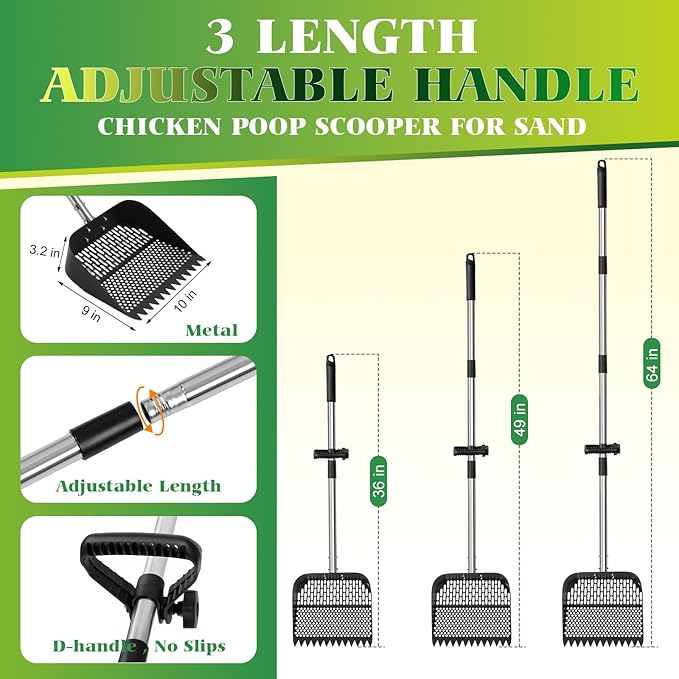 Chicken Poop Scooper for Sand, Coop Scoop with 22 to 64" Adjustable Handle, 2-in-1 Metal Shovel Head Chicken Scooper for Poop, Litter Rake & Sifting Shovel for Pet Waste Cleaning