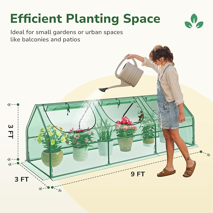 Greatbuddy Portable Mini Greenhouse, 3×3×9Ft, High-Density PE Plant Cover with 3 Roll-up Zipper Windows, Perfect for Outdoor Plant Growing