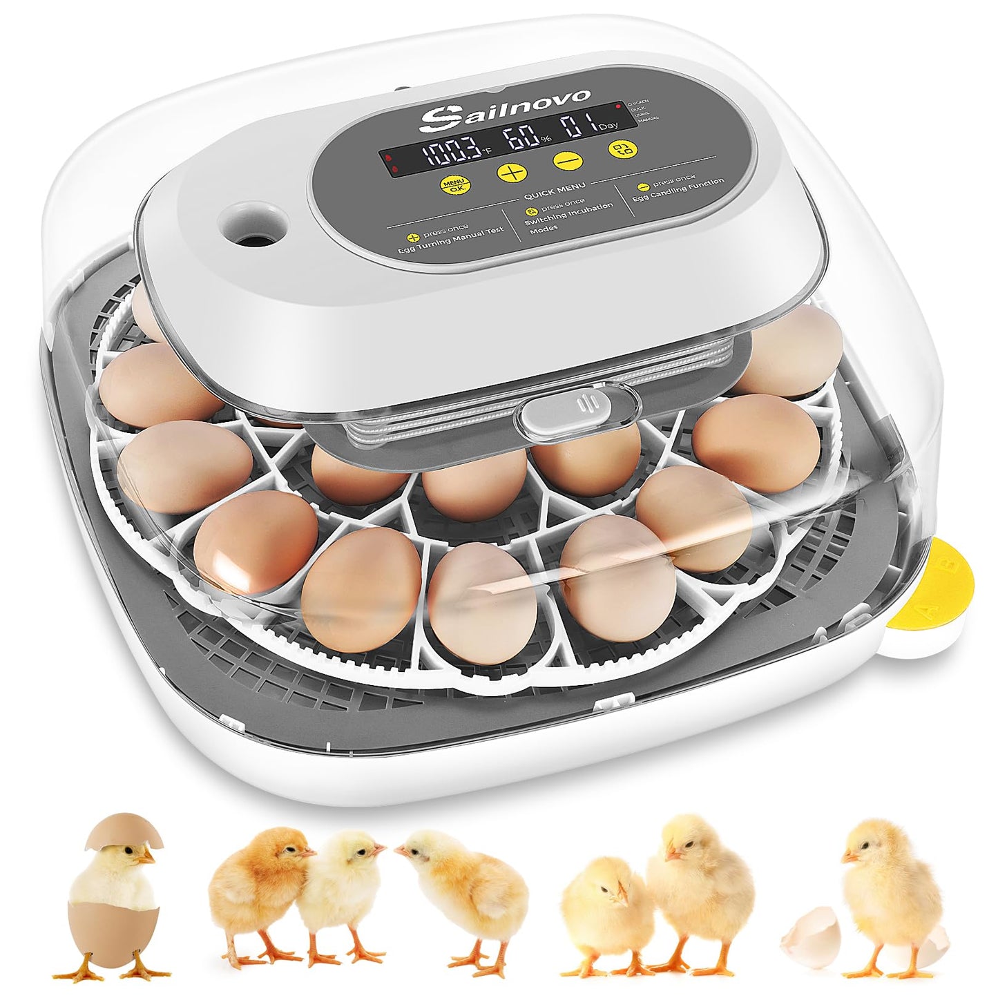 Sailnovo 24 Egg Incubators for Hatching Eggs, 4 Modes Egg Incubator with Automatic Egg Turning and Humidity Display, Egg Candler - 360° View with Clear Window Incubators for Hatching Chicks, Grey