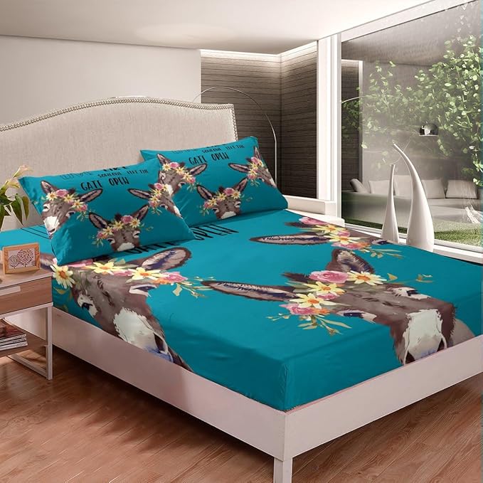 Donkey Sheet Set for Kids Boys Girls,Cartoon Funny Donkey Bed Sheets King,Farmhouse Animal Bedding Set,Rustic Botanical Rose Flower Leaves Fitted Sheet + Top Sheet + 2 Pillowcases Bedroom Decor