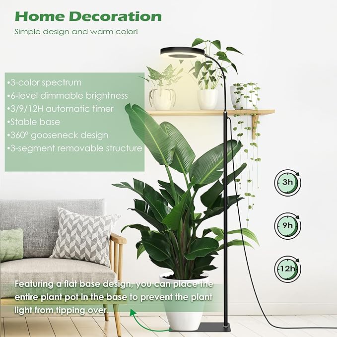 PRONORO Grow Light for Indoor Plants,Full Spectrum LED Grow Light,Standing Grow Light for Large Plants,Auto ON/Off Timer,6 Dimmable Levels,3 Spectrum Lighting Modes,Height Adjustable,20W
