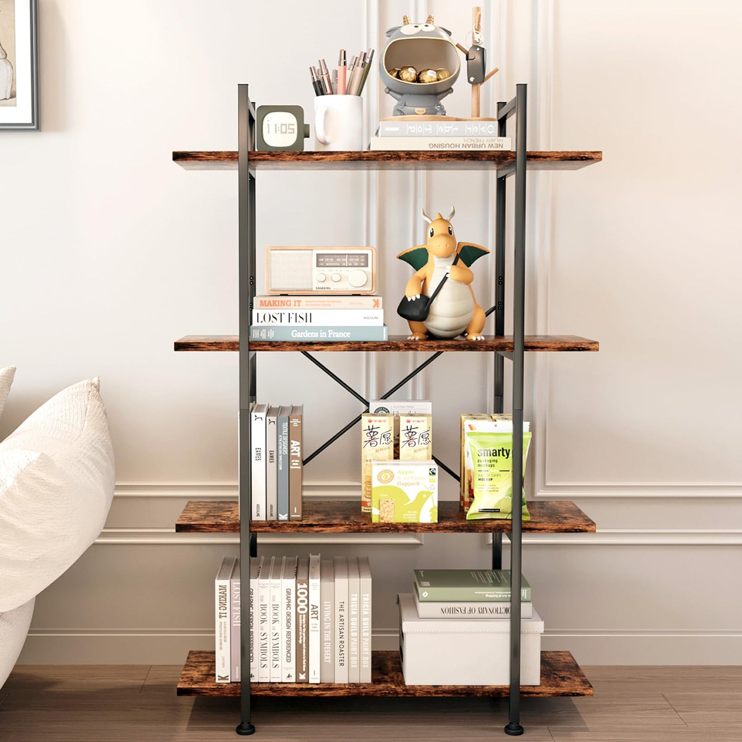 Azheruol 4 Tiers Bookshelf Rustic Brown Wooden Storage Shelf, Industrial Shelf Book Organizer,Modern Open Display Storage Bookcase,Metal Bookshelf Standing Tall Shelving Units for Home Office Study.