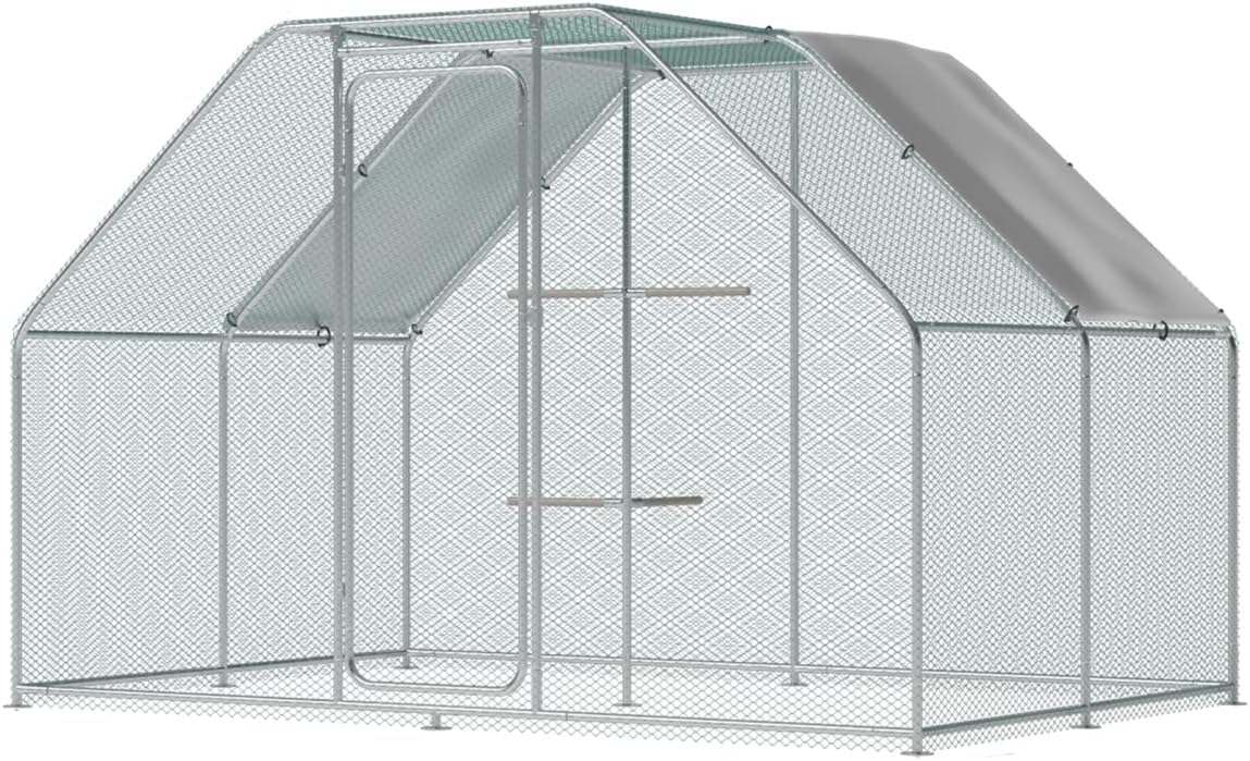 Large Metal Chicken Coop Run with Climbing Frame, Outdoor Walk-in Poultry Cage Flat Top with Waterproof&Anti-UV Cover, for Outdoor Backyard Farm, Silver (118" L x 118" W x 78.7" H)