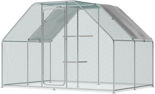 Large Metal Chicken Coop Run with Climbing Frame, Outdoor Walk-in Poultry Cage Flat Top with Waterproof&Anti-UV Cover, for Outdoor Backyard Farm, Silver (118" L x 118" W x 78.7" H)