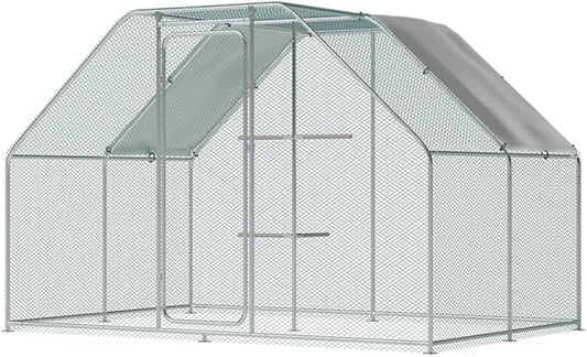 Large Metal Chicken Coop Run with Climbing Frame, Outdoor Walk-in Poultry Cage Flat Top with Waterproof&Anti-UV Cover, for Outdoor Backyard Farm, Silver (118" L x 118" W x 78.7" H)