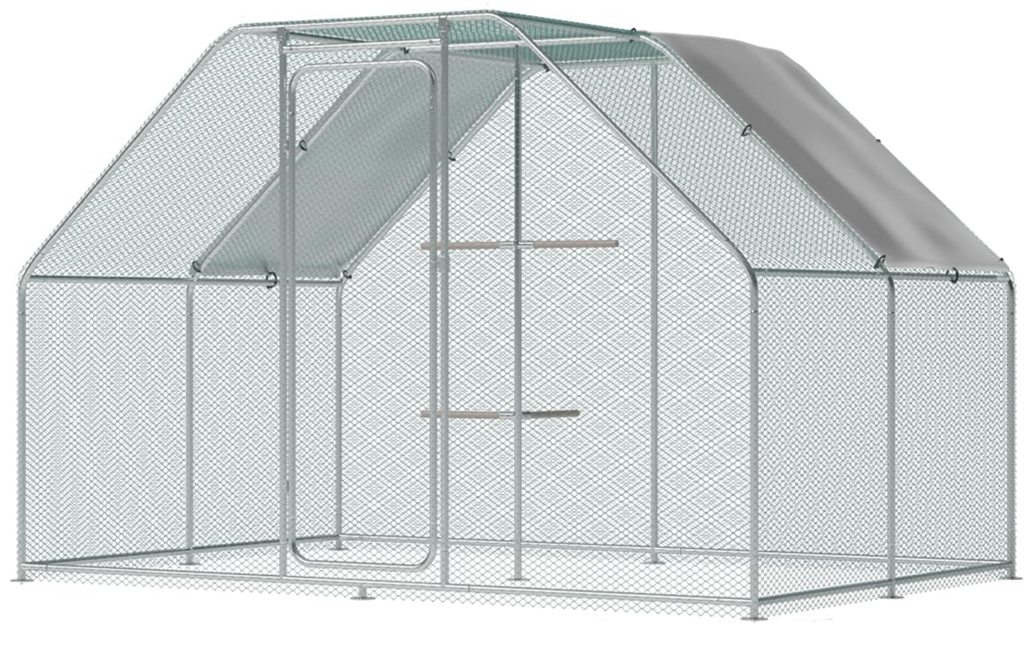Large Metal Chicken Coop Run with Climbing Frame, Outdoor Walk-in Poultry Cage Flat Top with Waterproof&Anti-UV Cover, for Outdoor Backyard Farm, Silver (118" L x 118" W x 78.7" H)