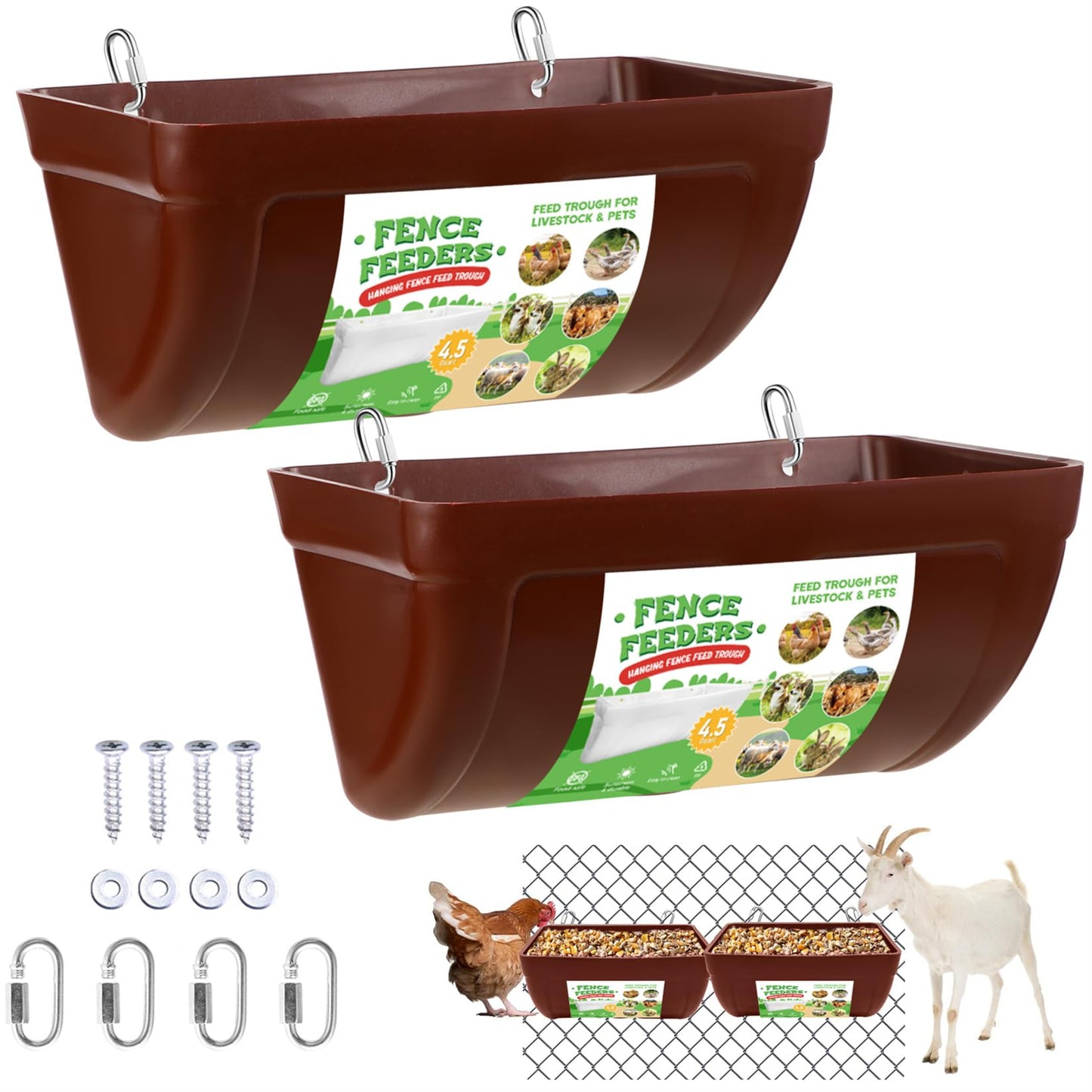 Chicken Feeder 2pcs Goat Feeders with Clips Hanging Fence Poultry Feeding Equipment Chicken Trough Plastic Feeding Container for Poultry Livestock 4.5 Quart