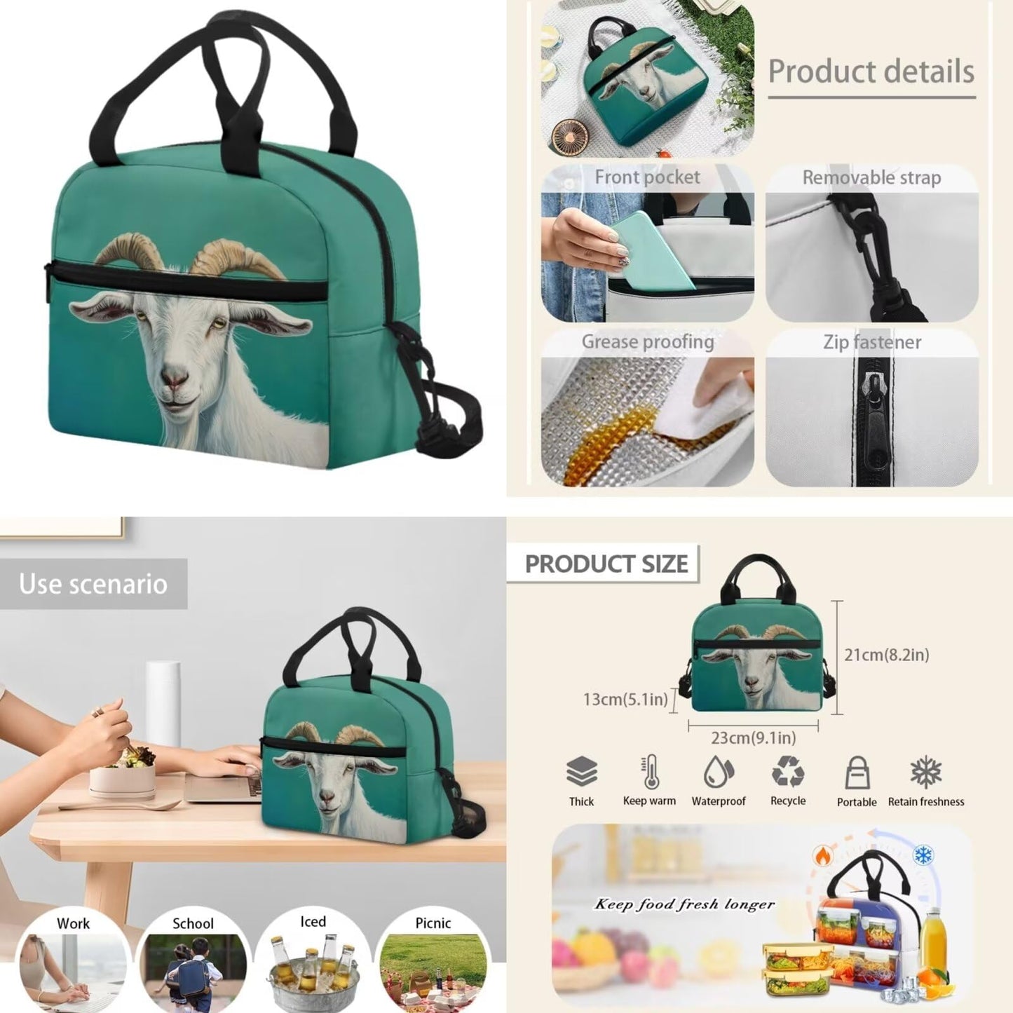Guosanchn Goat Backpack for Teen Girls 3 In 1 Middle School Bag with Lunch Box Pencil Case Elementary School Bookbag Satchel for College Teens Child Boys Daycare School Bags Rucksack Satchel