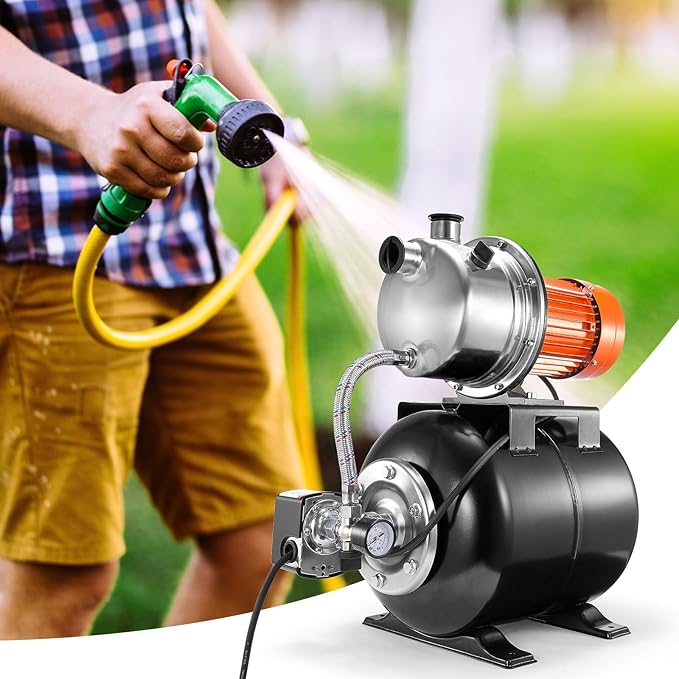 VEVOR 1.6 HP Shallow Well Pump With Pressure Tank, 1320 GPH, Automatic Irrigation Water Booster, 5-Gal Tank 30/50 PSI Switch, Stainless Steel Head for Home Garden Lawn