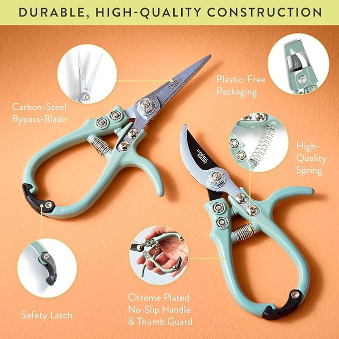 Modern Sprout Hand Pruners & Shears Set with Blister Pack - Lightweight Gardening Tools with Easy Lock - Sharp Carbon Steel Blades -Rust Resistant Scissors for Herbs, Flowers - Ocean