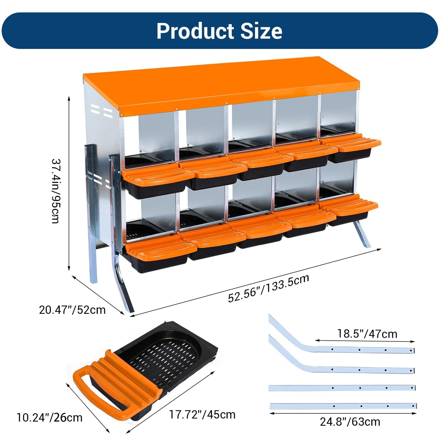 10 Hole Chicken Nesting Box with Bracket, Roll-Away Egg Collection System with Ventilation Holes，Rustproof Plastic Tray & Keyhole Mounting, Chicken Laying Box for Hen & Duck, Orange