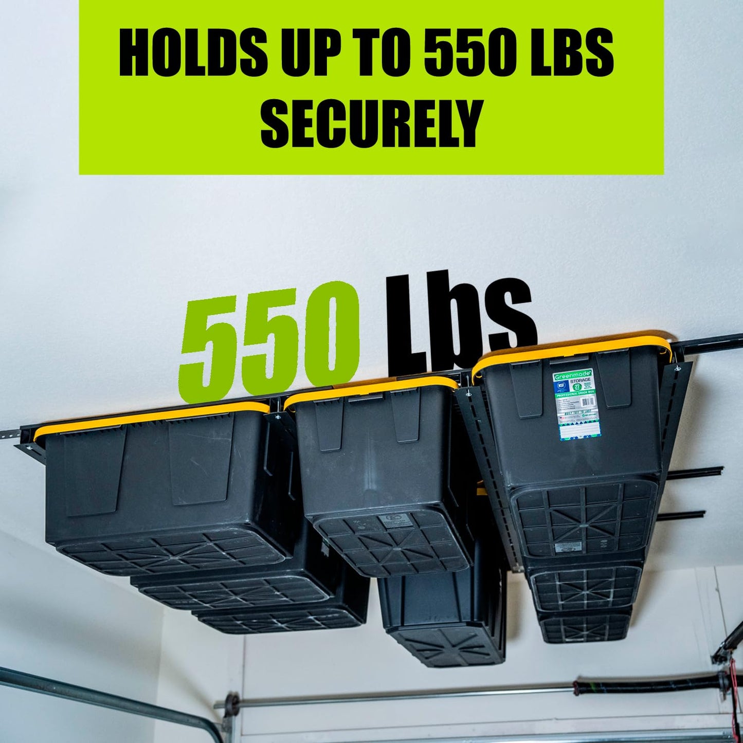 GARAGE STORAGE TOTE SLIDE RACK Overhead Tote Storage Rail System, Garage Ceiling Bin Storage Rack Heavy Duty Adjustable Tote Slide Garage Storage System, NEGRO, MR0001