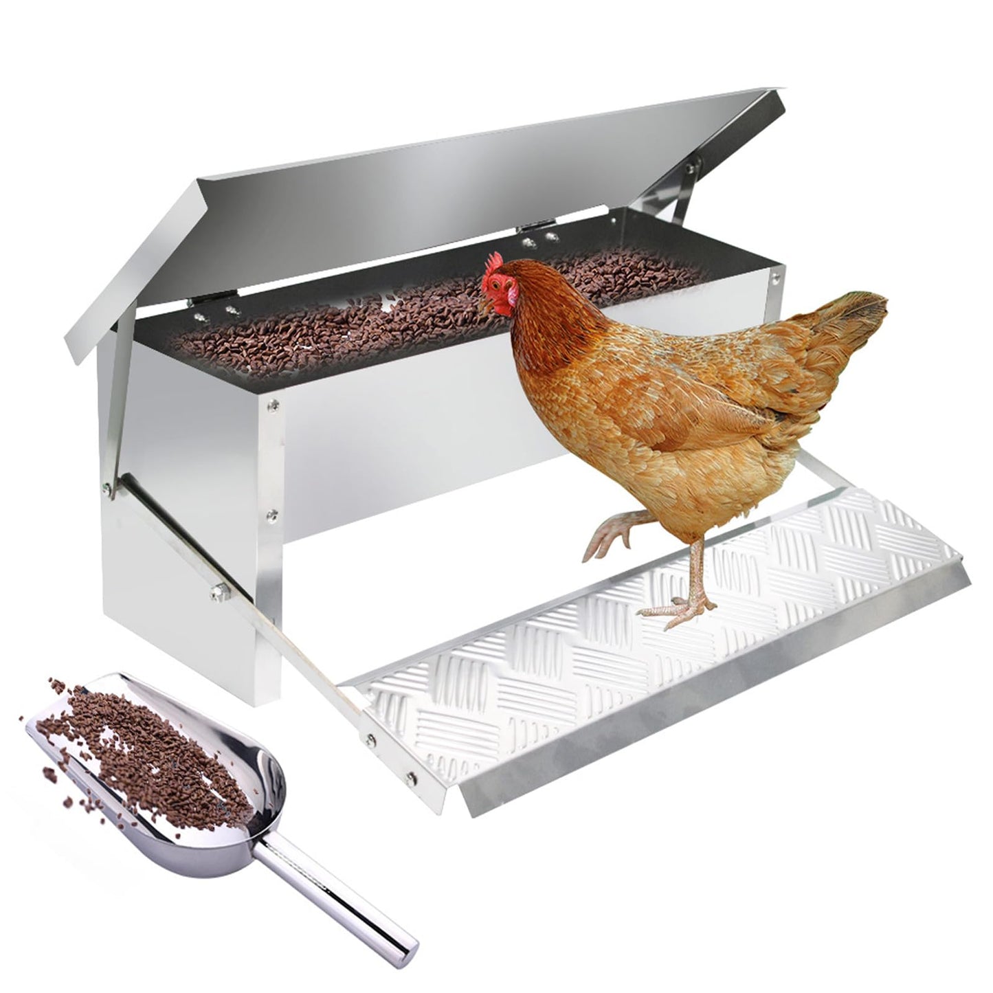 APlayfulBee Automatic Chicken Feeder 5L Treadle Galvanized Steel Poultry Feeders Self-Opening Automatic Food, with Weatherproof Lid Rain Cover for Roosters Pheasant Chicken Outdoor Coop