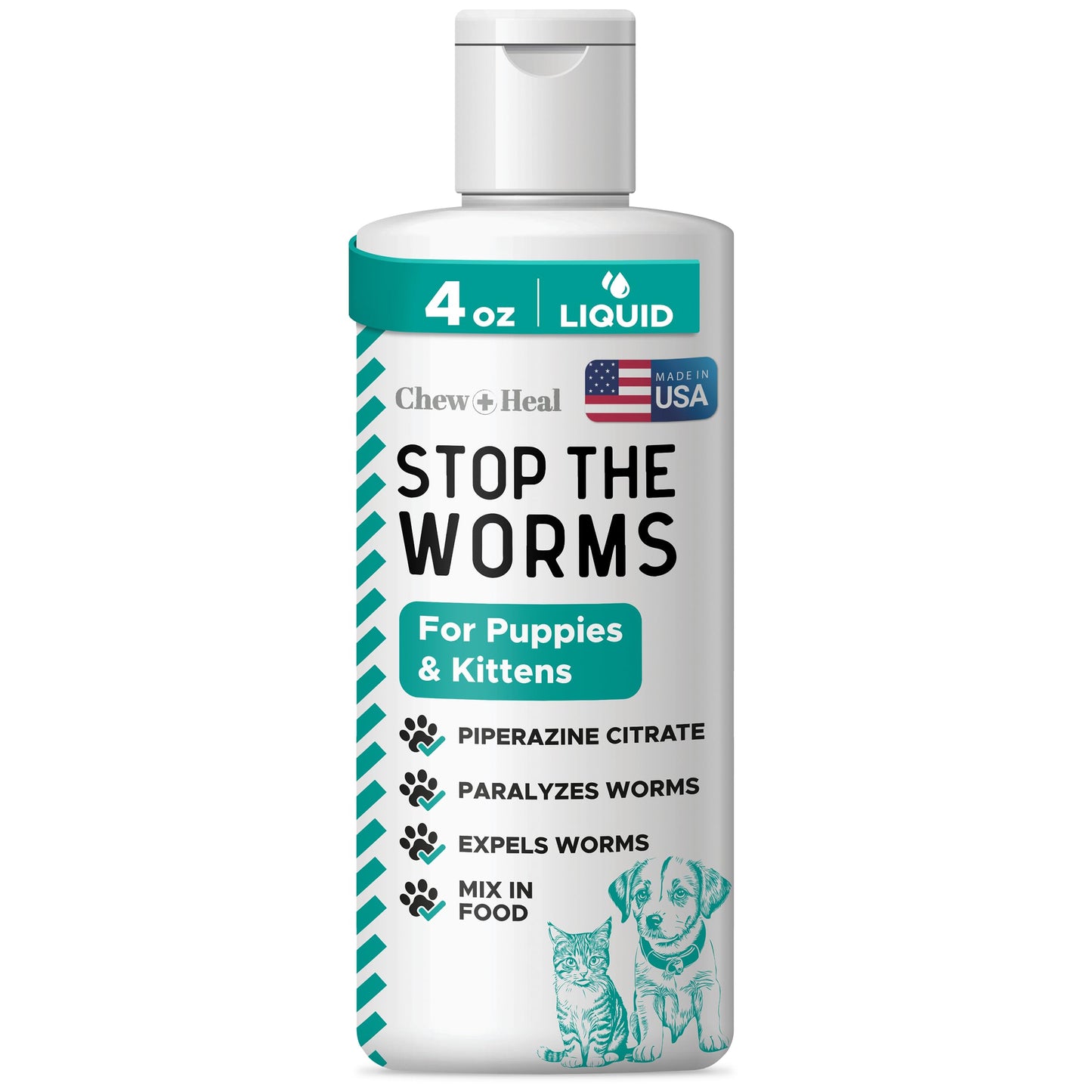 Dog and Cat Dewormer Liquid - 4 oz Wormer Solution to Paralyze and Expel Roundworms - Kitten and Puppy Dewormer