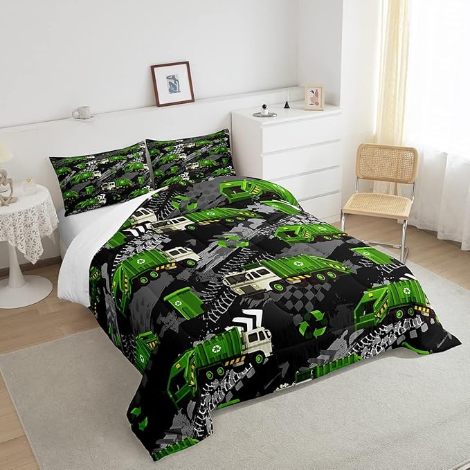 Garbage Truck Full Size Comforter Set,Hippie Tire Print Bedding Sets Youth Teens,Powered Waste Management Brushed Microfiber Soft Bedding Comforter
