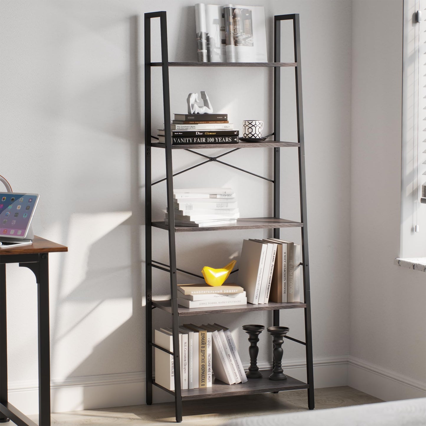 Yusong Ladder Bookshelf, Bookshelf Ladder Shelf, 5-Tier Bookshelf for Bedroom, Industrial Book Shelves Storage Rack with Metal Frame for Home Office, Rustic Brown, Gray