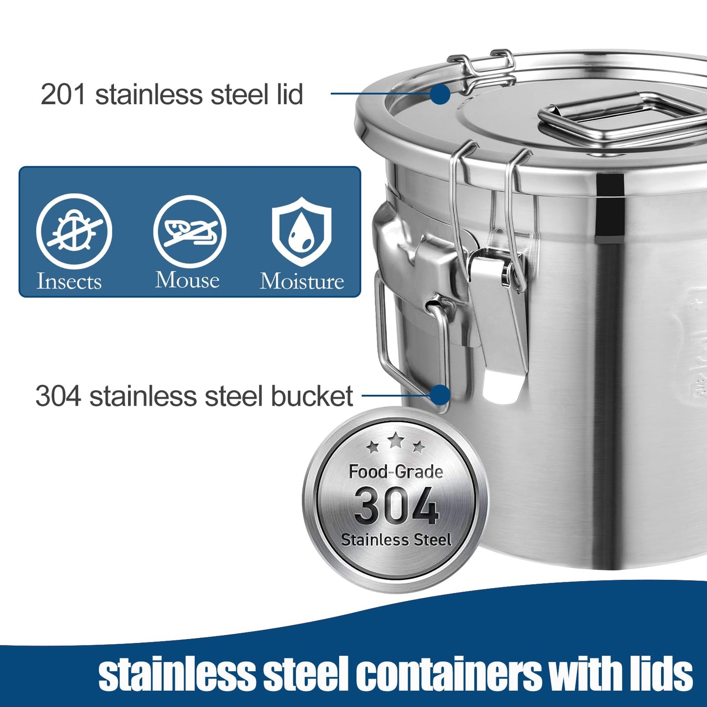 304 Stainless Steel Airtight Canister, 3.17Gal/405oz Airtight Food Storage Container with Lid and Lock Clips, Large Metal Pantry Storage Canister for Coffee Beans, Flour, Tea, Sugar, Cereals