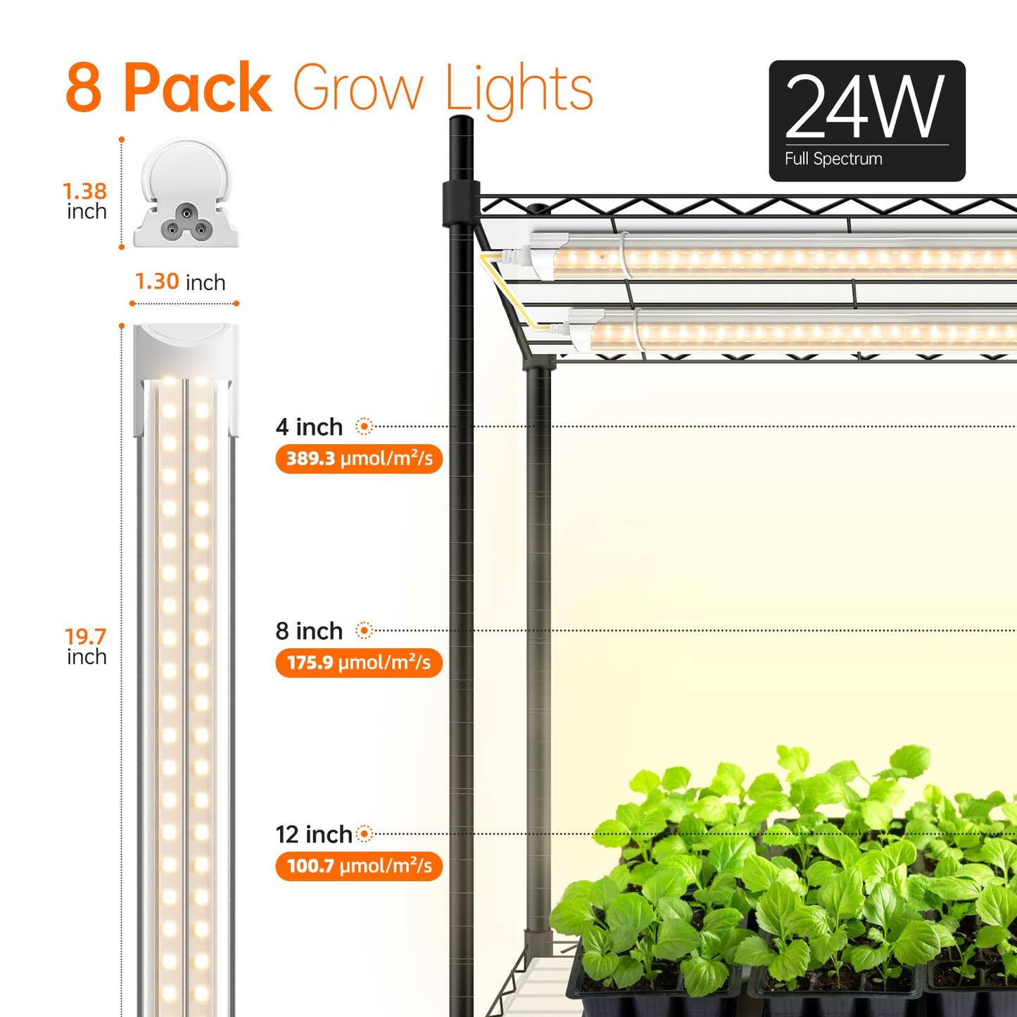 Bstrip DIY Plant Shelf with Grow Lights, Grow Light Shelf with Adjustable Rack and Wheels, Plant Stand, 8-Pack 192W T8 3000K Full Spectrum Grow Lights for Seed Starting,Seed Tray(29.5L x 13.8W x70.9H)