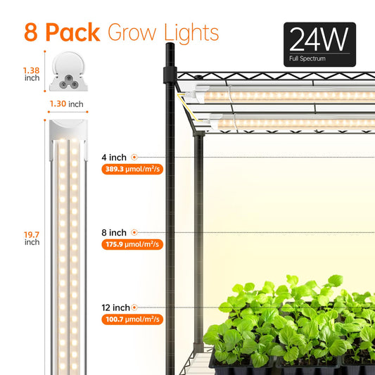 Bstrip DIY Plant Shelf with Grow Lights, Grow Light Shelf with Adjustable Rack and Wheels, Plant Stand, 8-Pack 192W T8 3000K Full Spectrum Grow Lights for Seed Starting,Seed Tray(29.5L x 13.8W x70.9H)