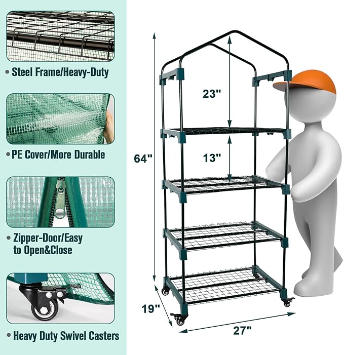 Worth Garden 4 Tier Mini Greenhouse w/ Upgraded Castors Wheels - Portable Small Gardening Green House with PE Cover - Heavy Duty Swivel Castors with Brakes - 64''H x 27''L x 19''W Indoor & Outdoor