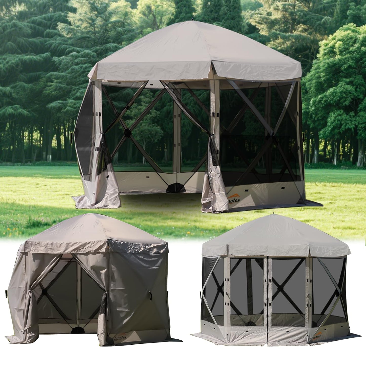 Lenotos Pop Up Screen Tent, 10'x10' Windproof & UV Protection Sun Shelter, Portable Instant Setup, 6-Sided Screen Tent for Picnic, Camping, Backyard, Outdoor (Grey)
