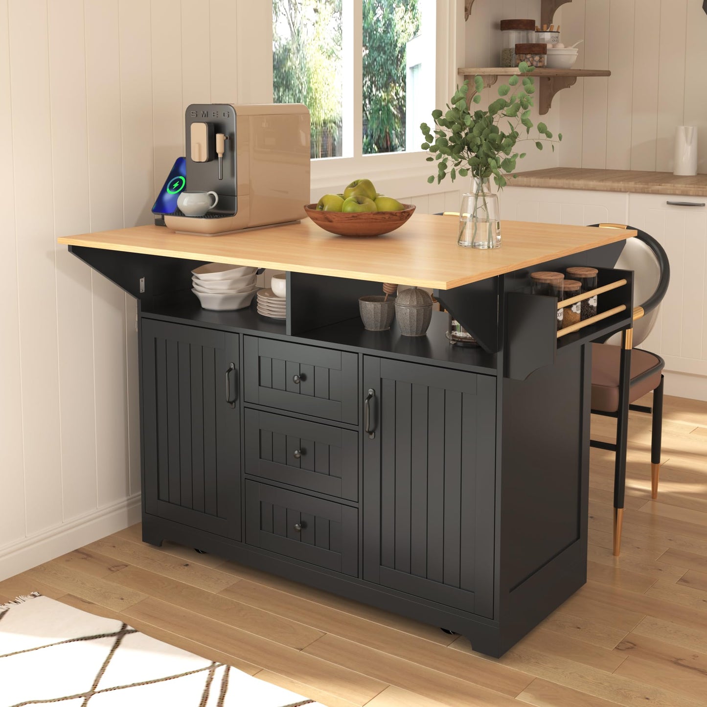 Merax 55.7" Large Kitchen Cart Island on Wheels Foldable Dining Table with 2 Drop Leaf,Power Outlet,3 Drawers,Wood Frame Storage Cabinet