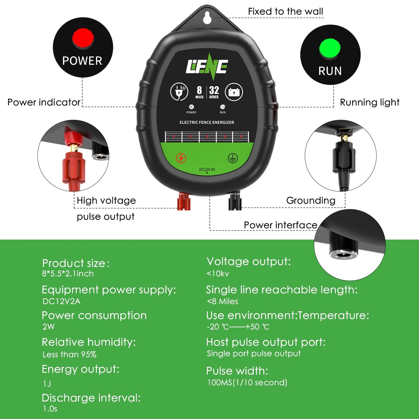 Lifence AC&DC 2 in 1 Powered Supply 8 Mile Electric Fence Energizer for Preventing Wild Animals Intruding 32 Acre Input 12V Output Voltage 10KV 1 Joule Deter Predators Contain Cattle Cow and Livestock