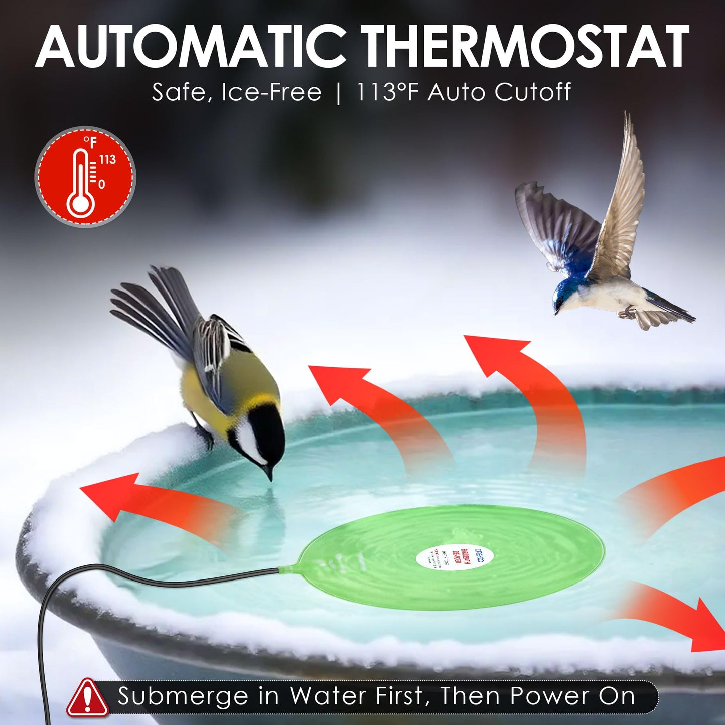 Dreyoo 60W Bird Bath Heater, Submersible De Icer for Outdoor Winter Use, Thermostatic Control, IP65 Waterproof, Chicken Water Heater for Birds, Poultry, Livestock, Wildlife Drinking