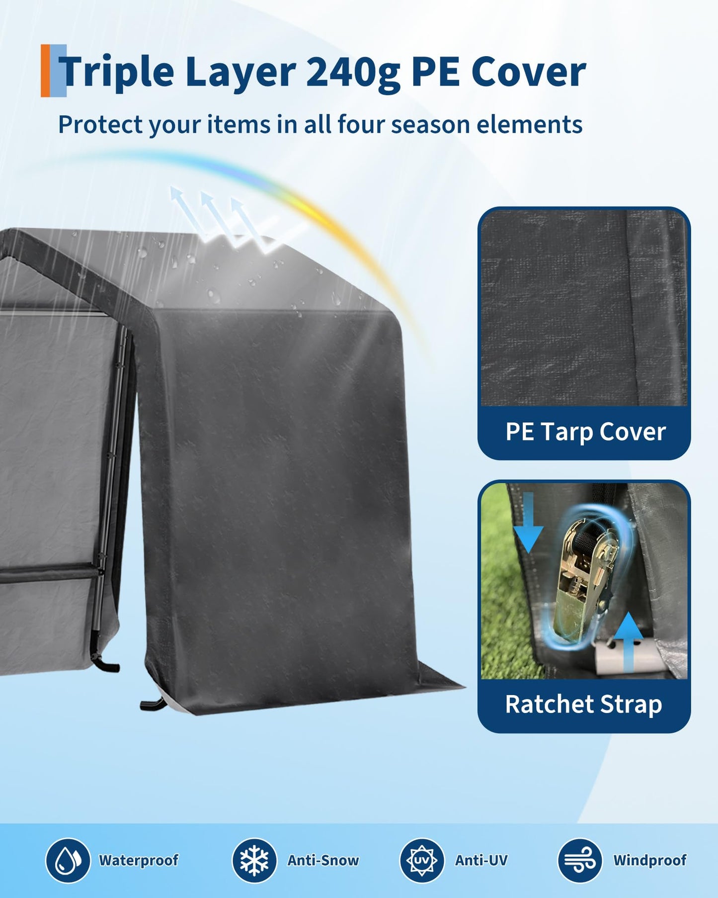 7x10FT Outdoor Portable Storage Shed with Roll-Up Door & Vent, 240G Heavy-Duty Shelter Waterproof PE Tarp, UV-Resistant Storage Sheds for Motorcycle, Firewood, Garden and Tools, Gray