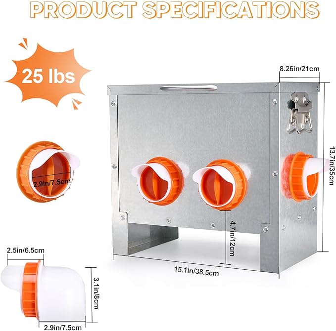 Automatic Chicken Feeder No Waste Large Capacity 25lbs 4-Ports Metal Poultry Feeder with Pull Handle for Chickens Geese Ducks Poultry Coop Weatherproof Design (25lb with 4 Ports)