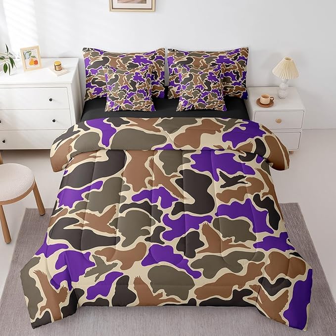 Feelyou Duck Hunter Purple Camouflage Hunting 7 Pieces Bedding Set, Queen Size Black Brown All Season,Bed in a Bag with Comforter, Sheets, Pillowcases Camo Army Bed Set Breathable Wild Room Decor