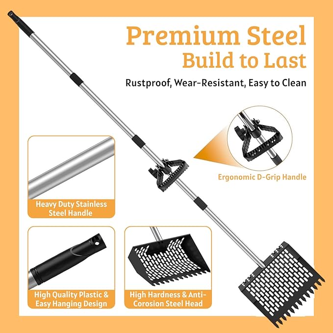 Metal Chicken Poop Scooper & Rake 2-in-1 Stainless Steel Shovel Head & Adjustable Handle with Ergonomic Grip Durable Sand Sifting Litter Shovel for Chicken Coops & Small Farm Animals
