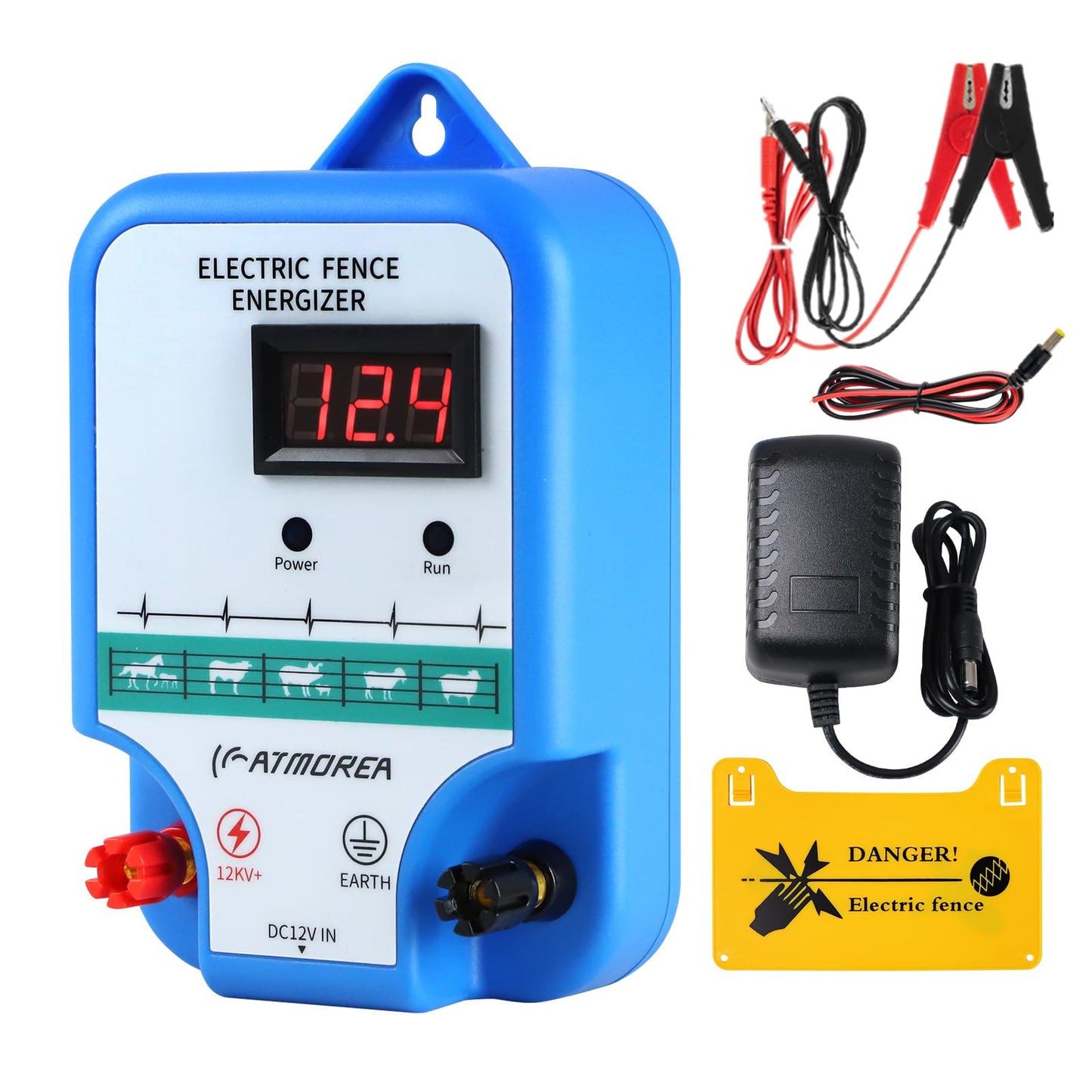 ATMOREA Electric Fence Charger - Multi-Powered, 12 kV 3 Joules High-Power Output Energizer with LED Display, Repels Large Wildlife - Ideal for Livestock, Pet, Poultry, Gardens, Orchards Protection