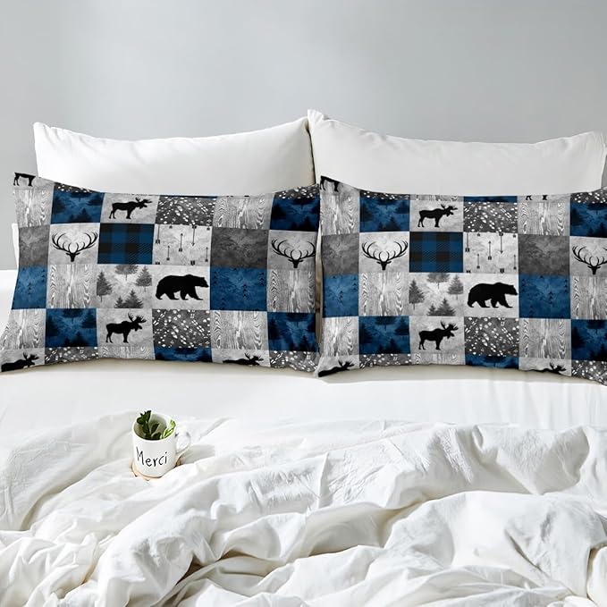 Rustic Bear Sheet Set Twin,Deer Antlers Moose Bed Sheets for Kids Boys Girls,Woodland Hunting Animal Bedding Set Bedroom Decor,Vintage Jungle Animal Patchwork Fitted Sheet + Flat Sheet + 1 Pillowcase